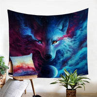 Wolf printed tapestry with blue and purple multi-color wolf face, glowing eyes
