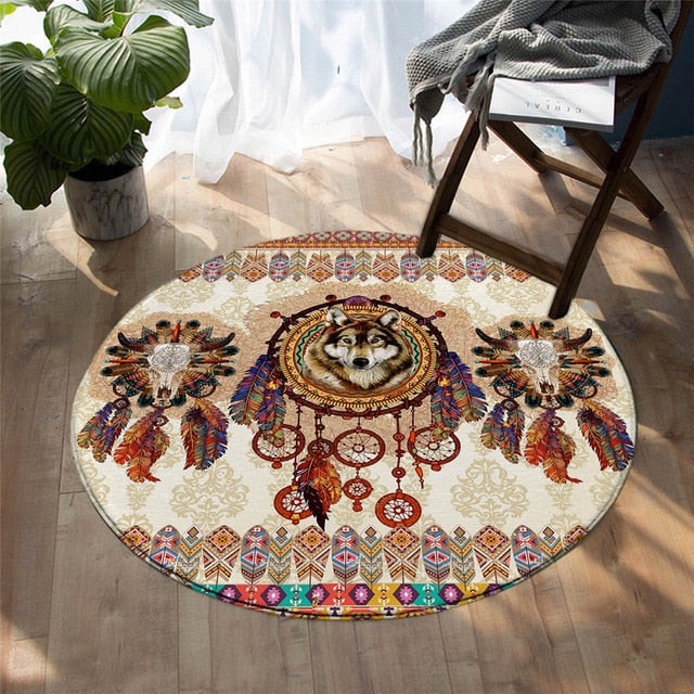 Round rug with wolf portrait, dreamcatcher-style circle, and colorful feathers on cream