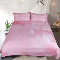 Pink king dreamcatcher bedding set with light pink circular and feather motifs