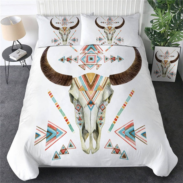 White bedding set with bull skull graphic, multicolor geometric bands, brown curved horns