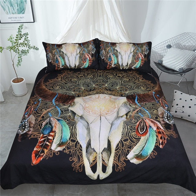 Multicolor Native American skull feather bedding set with dark duvet and ornate feather pillows