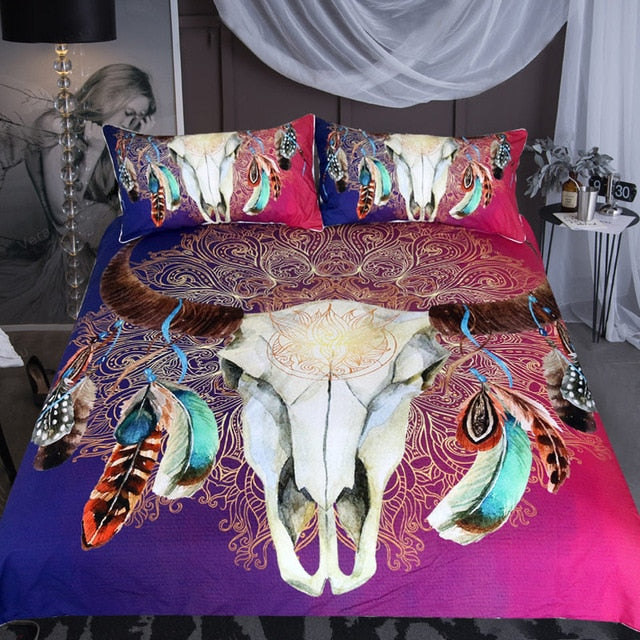 Multicolor Native American skull feather bedding set with burgundy duvet and bold feather motifs