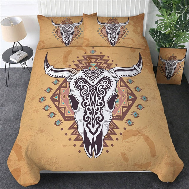 Beige bedding set with large white bull skull and geometric pattern accents