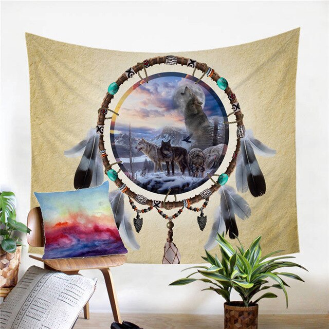 Wolf dreamcatcher tapestry with turquoise beads and hanging charm feathers