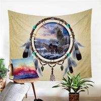Wolf dreamcatcher tapestry with turquoise beads and hanging charm feathers