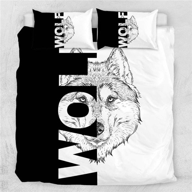 Black-and-white wolf bedding set with Native-style lettering, 2 pillow shams