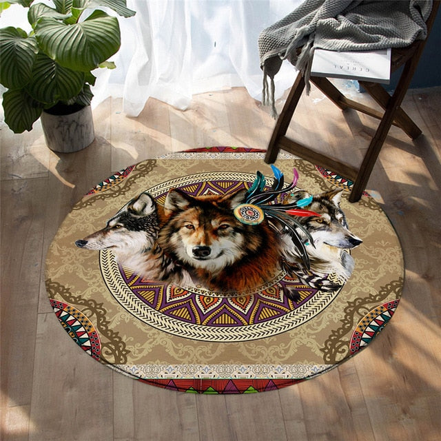 Round rug with three wolves and colorful circular Native-style border on tan background