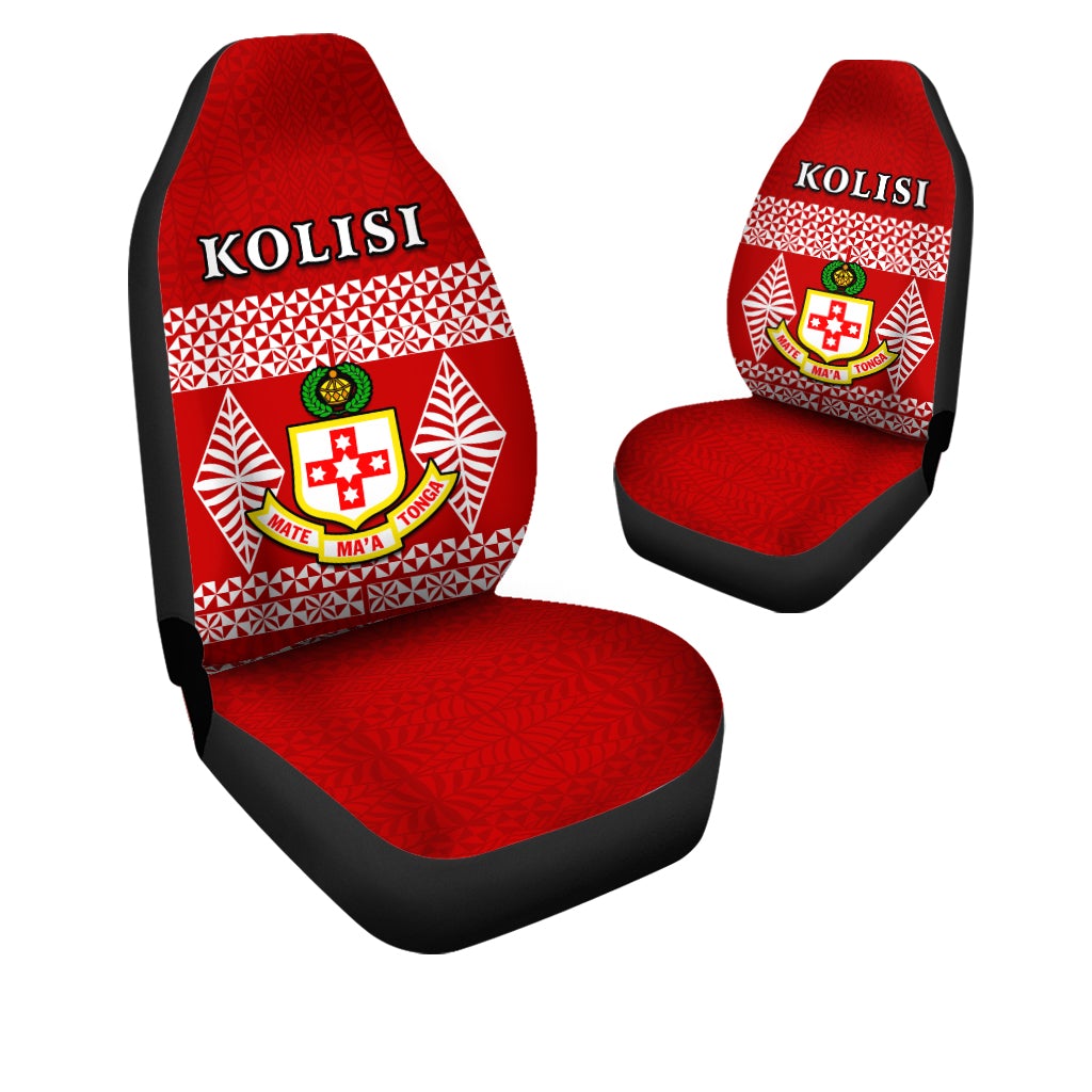 Red Kolisi Tonga car seat cover set, black trim, front and back with KOLISI logo