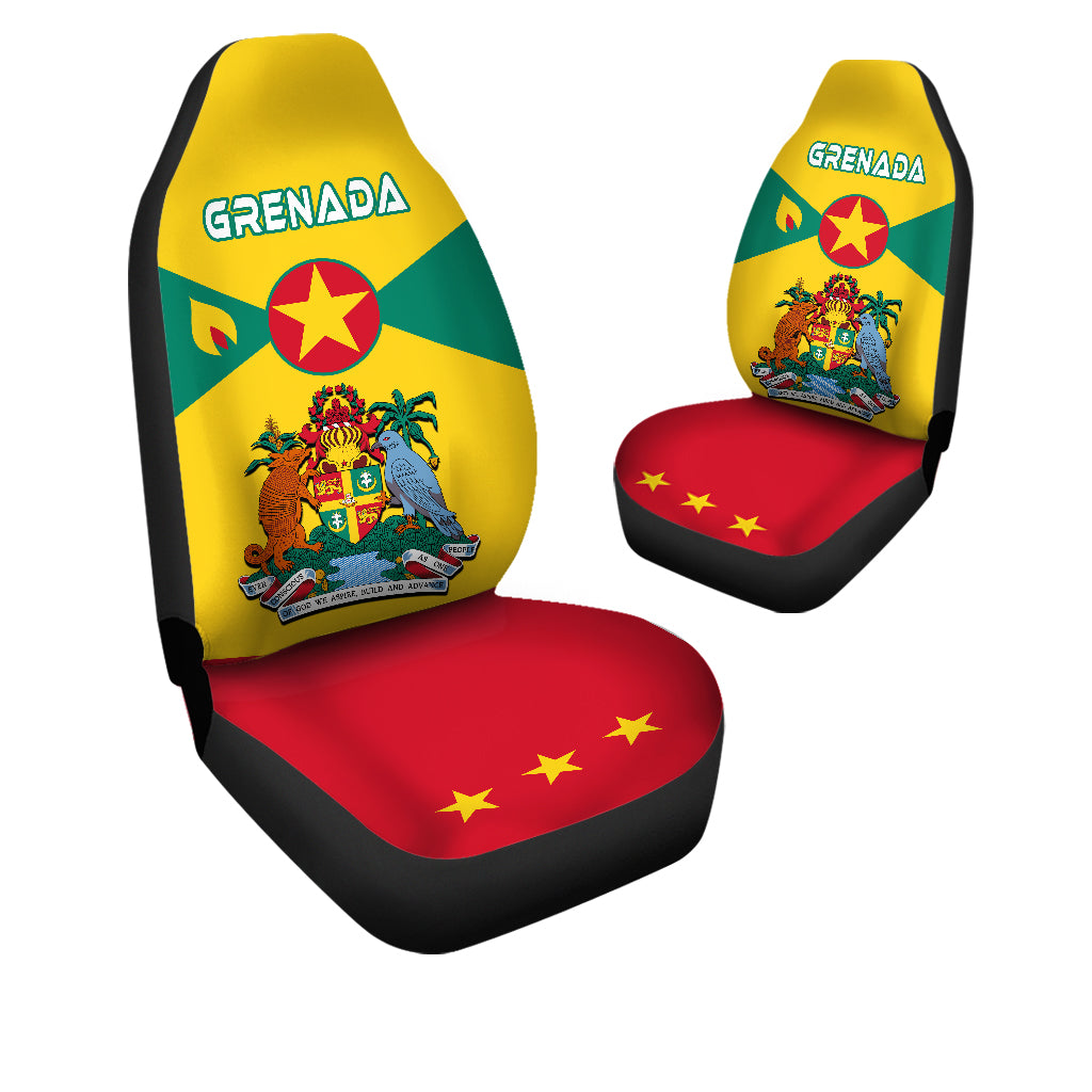 Multicolor Grenada car seat cover set with crest on headrests and flag on seat