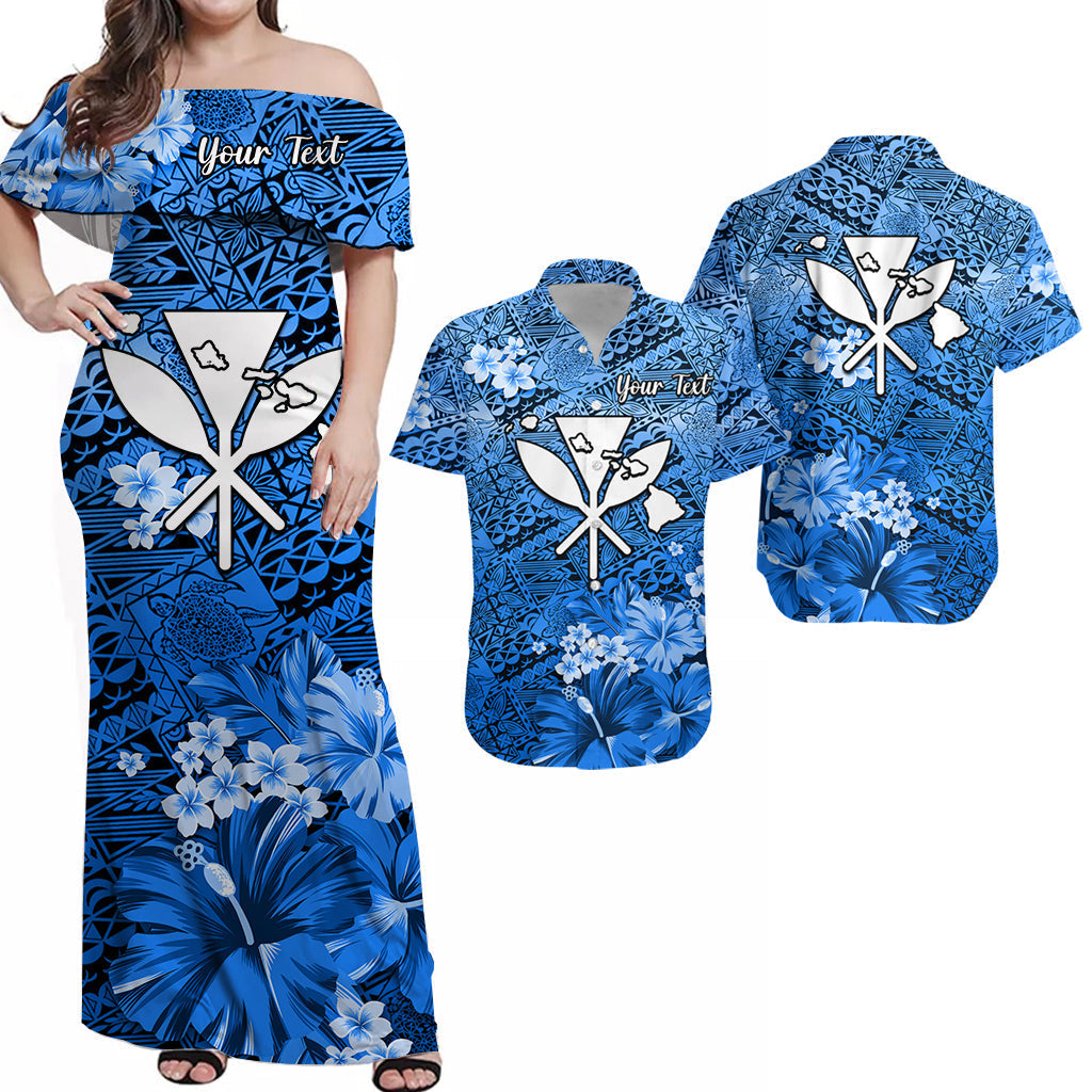 Blue off-shoulder maxi dress with floral and turtle graphic, custom text