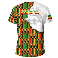 White Ethiopia T-shirt back with ETIOPIA text, lion emblem, and multicolor geometric panel