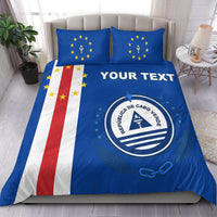 Blue Cabo Verde pride bedding set with custom text and circular emblem on comforter