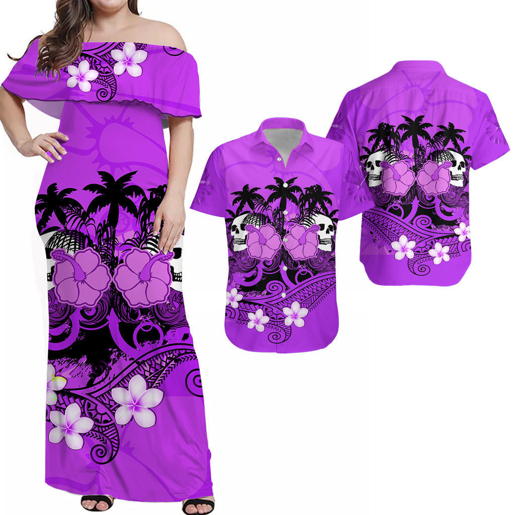 Purple off-shoulder maxi dress with palms, flowers, and skull print