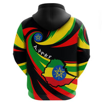 Multicolor Ethiopia-themed pullover hoodie, back print with map graphic and hood view