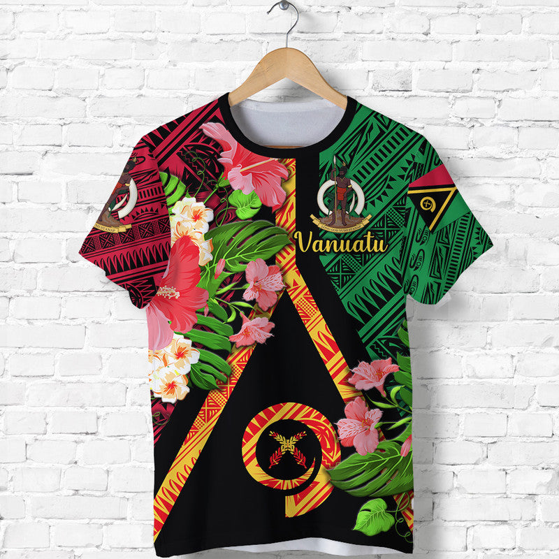 Black T-shirt with Vanuatu floral print and round emblem, tropical flowers and Vanuatu text
