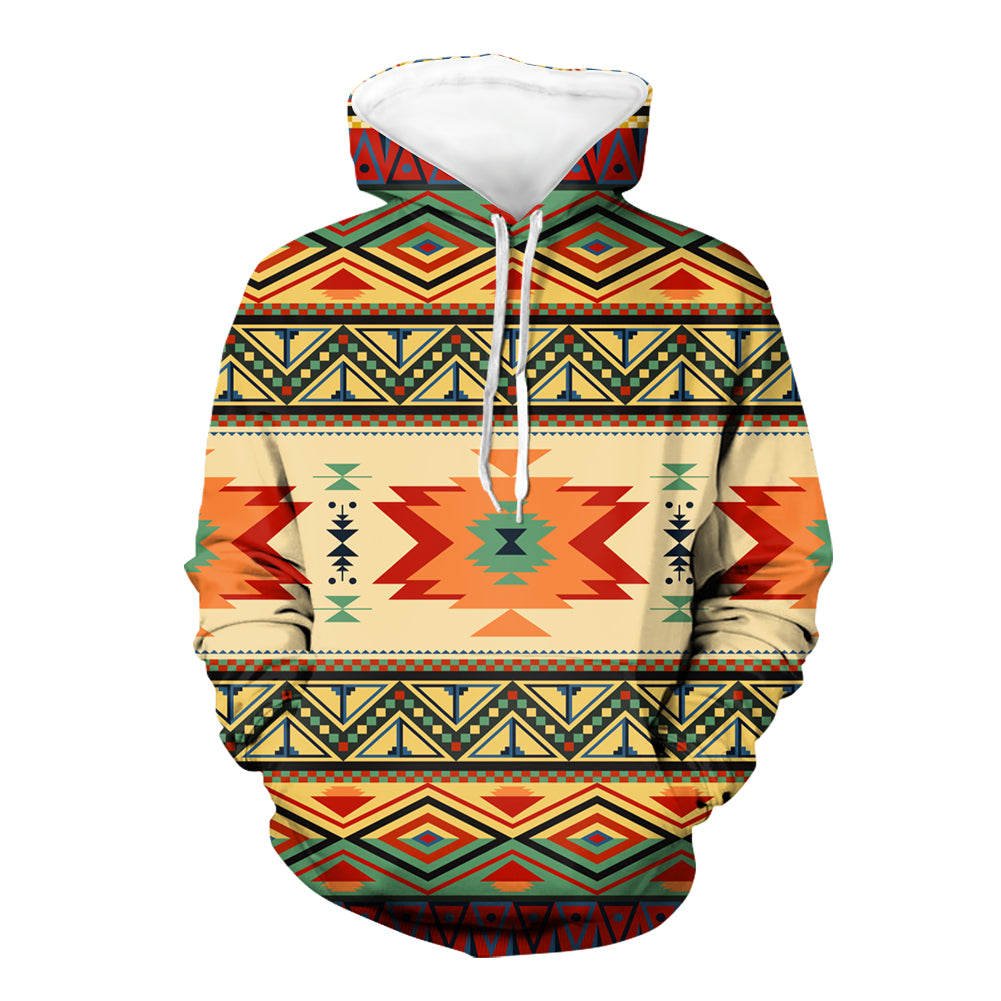 Colorful geometric Native-style pullover hoodie with hood, drawstrings, and front pocket