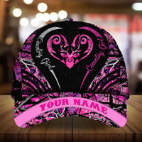 Violet and pink deer heart country girl cap with “YOUR NAME” on pink brim