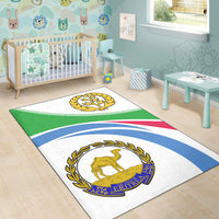 Eritrea map coat of arms area rug with green top band, blue curve lines, white field, red stripe