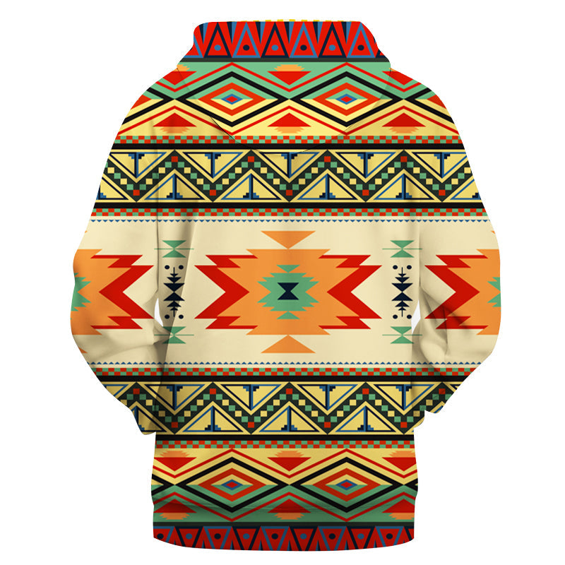 Colorful geometric pullover hoodie front view, hood with drawstrings