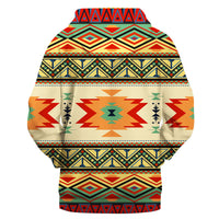 Colorful geometric pullover hoodie front view, hood with drawstrings