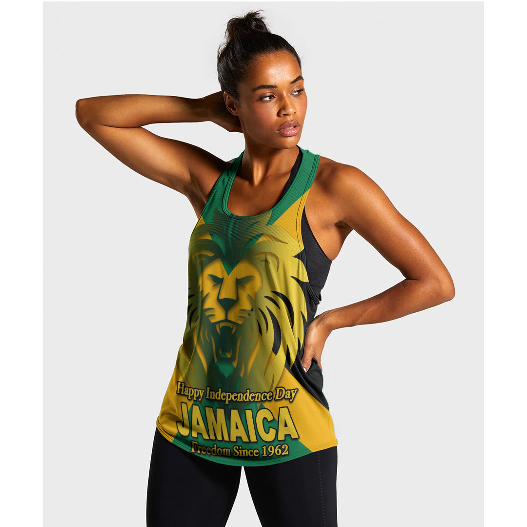 Green women’s tank top with lion graphic and “Jamaica” Independence Day text