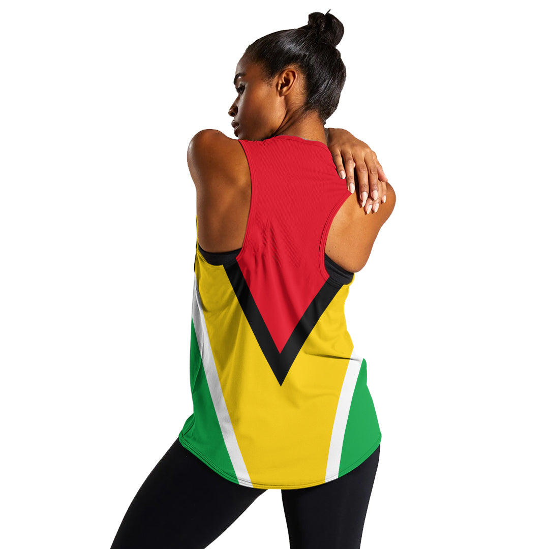 Women’s Guyana flag-style tank top back view with black, yellow, white and green V