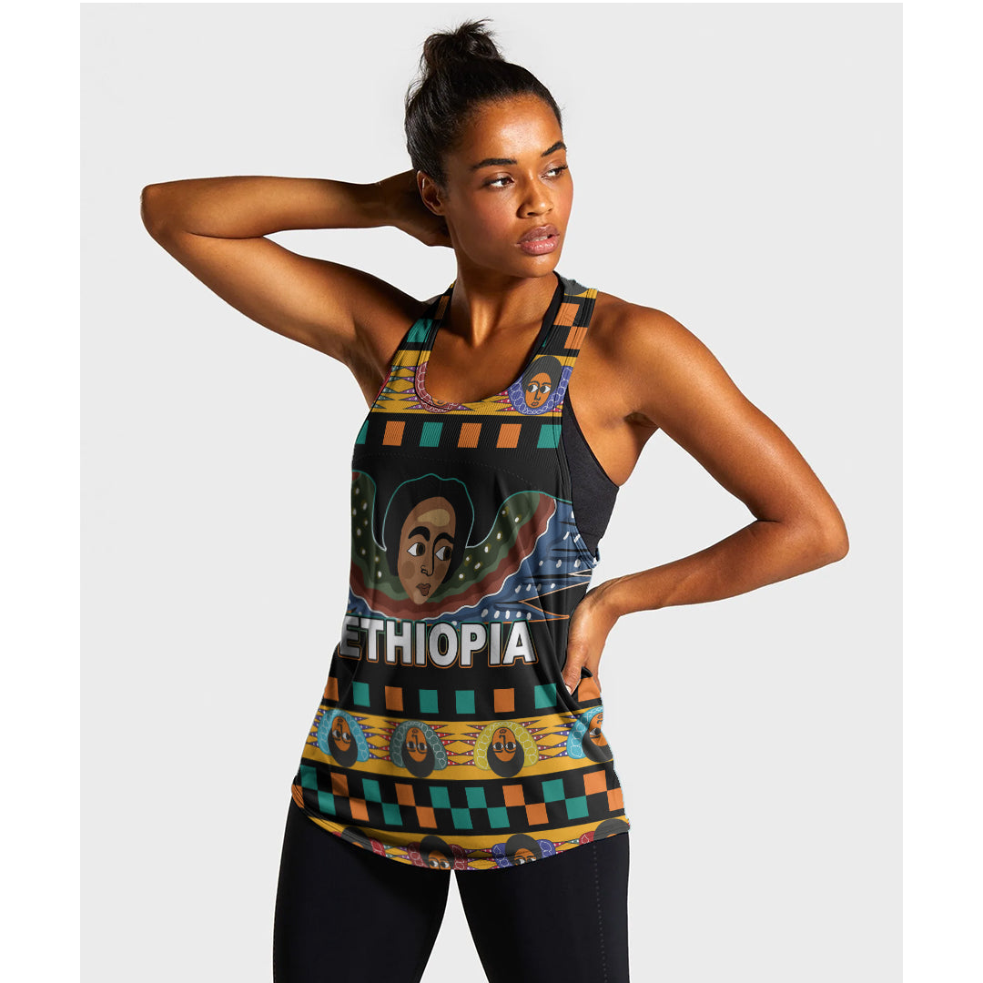 Black women’s tank top with Ethiopia text and angel graphic, sleeveless scoop neck