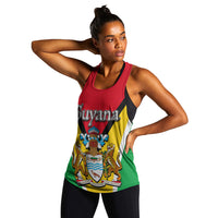 Women’s flag-style tank top with Guyana crest and multicolor print, red neckline