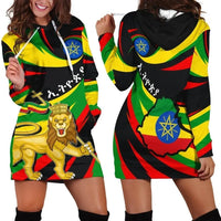 Multicolor graphic hoodie dress with gold lion, front pocket, long sleeves; hood visible
