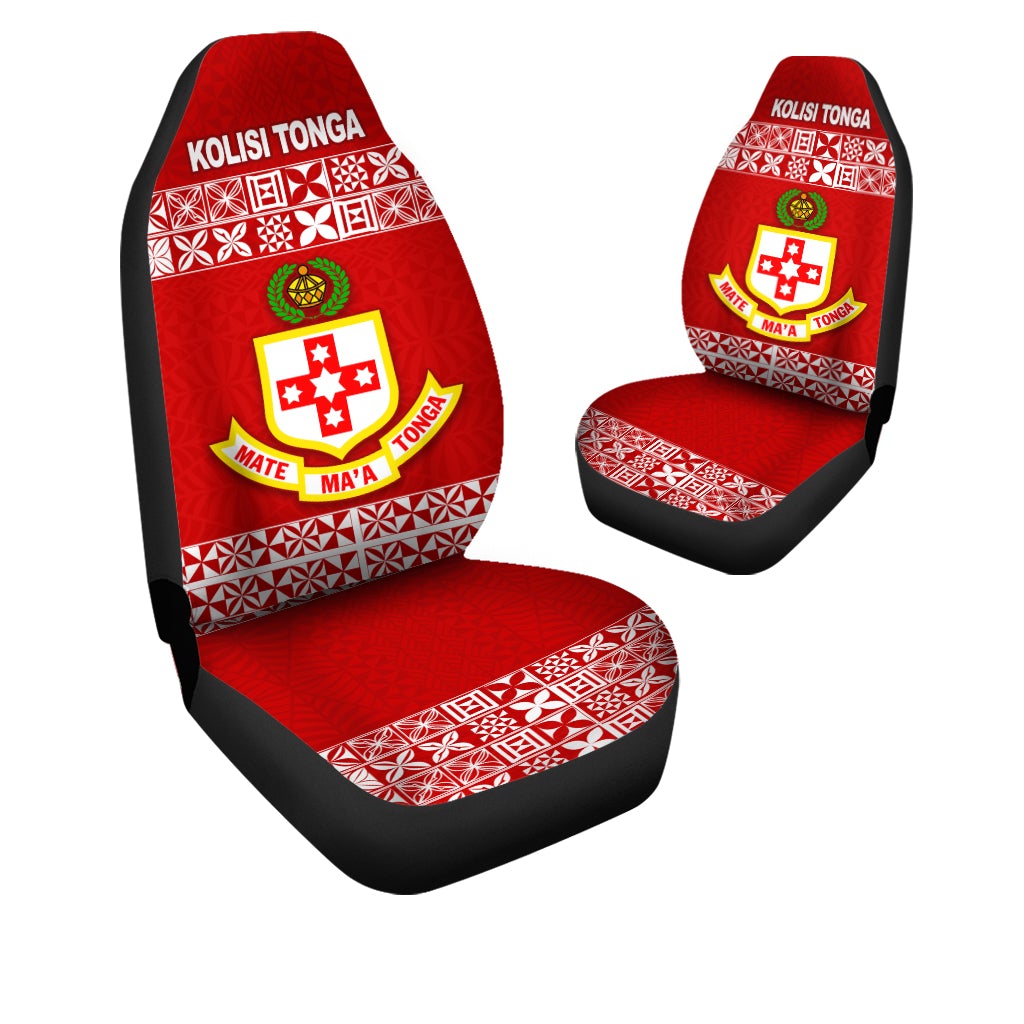 Red Kolisi Tonga front seat cover pair with white geometric borders and central shield