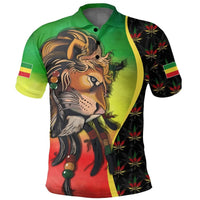 Multicolor rasta lion-face polo shirt, green front with black patterned sleeves