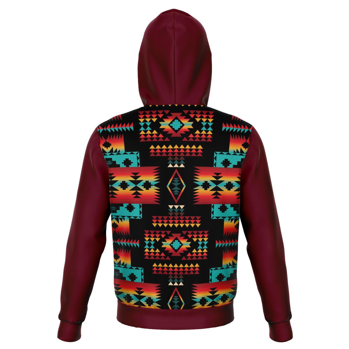 Maroon pullover hoodie back view with colorful geometric tribal pattern across hood and torso