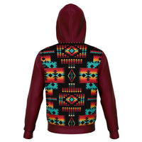 Maroon pullover hoodie back view with colorful geometric tribal pattern across hood and torso