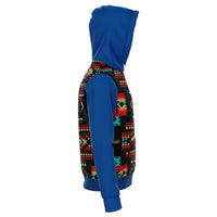 Blue pullover hoodie side view with colorful native geometric all-over pattern