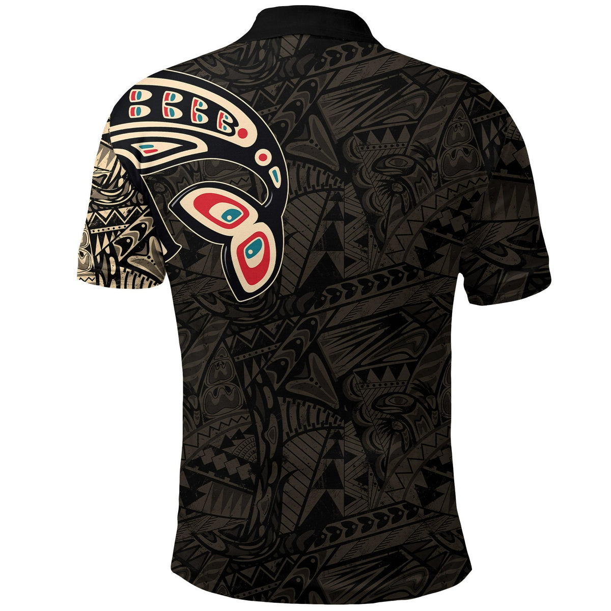 Back view dark polo shirt with large killer whale emblem and tribal pattern