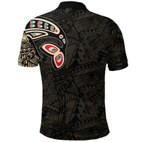 Back view dark polo shirt with large killer whale emblem and tribal pattern