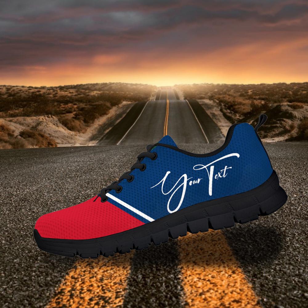 Custom sneakers with blue upper, red toe, dark sole, and white cursive signature on side