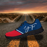 Custom sneakers with blue upper, red toe, dark sole, and white cursive signature on side