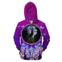 Violet all-over zip hoodie with wolf, dreamcatcher and feathers print, full front