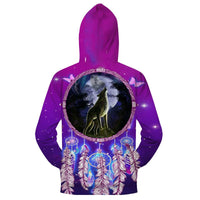 Violet all-over zip hoodie with wolf dreamcatcher print, full back view