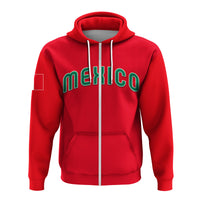 Red pullover hoodie with Mexico front graphic, kangaroo pocket, white drawstring cords