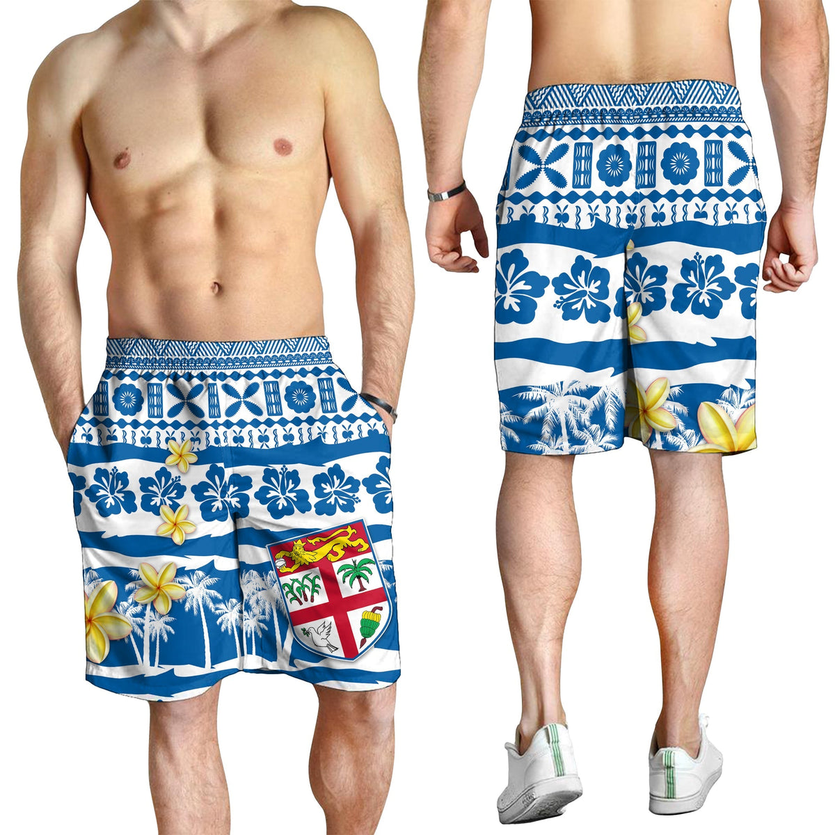 Men's tapa-pattern short swim trunks, blue/white tropical florals, elastic waistband