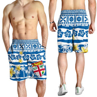 Men's tapa-pattern short swim trunks, blue/white tropical florals, elastic waistband
