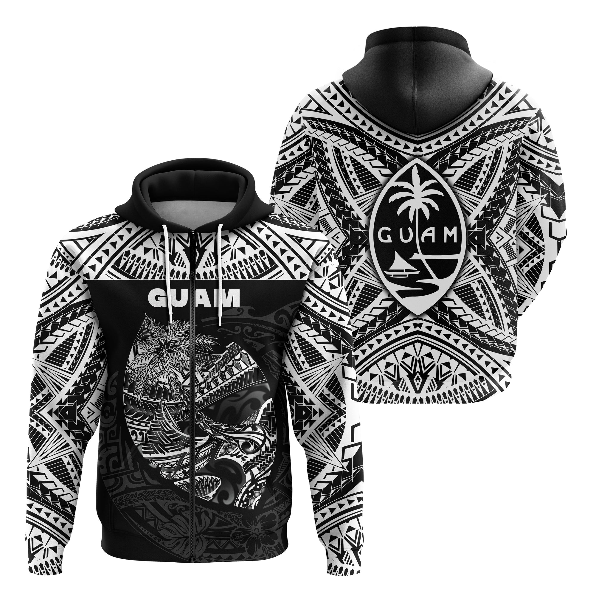 Guam Rugby Zip Hoodie Polynesian Patterns Black LT16 - Wonder Print Shop