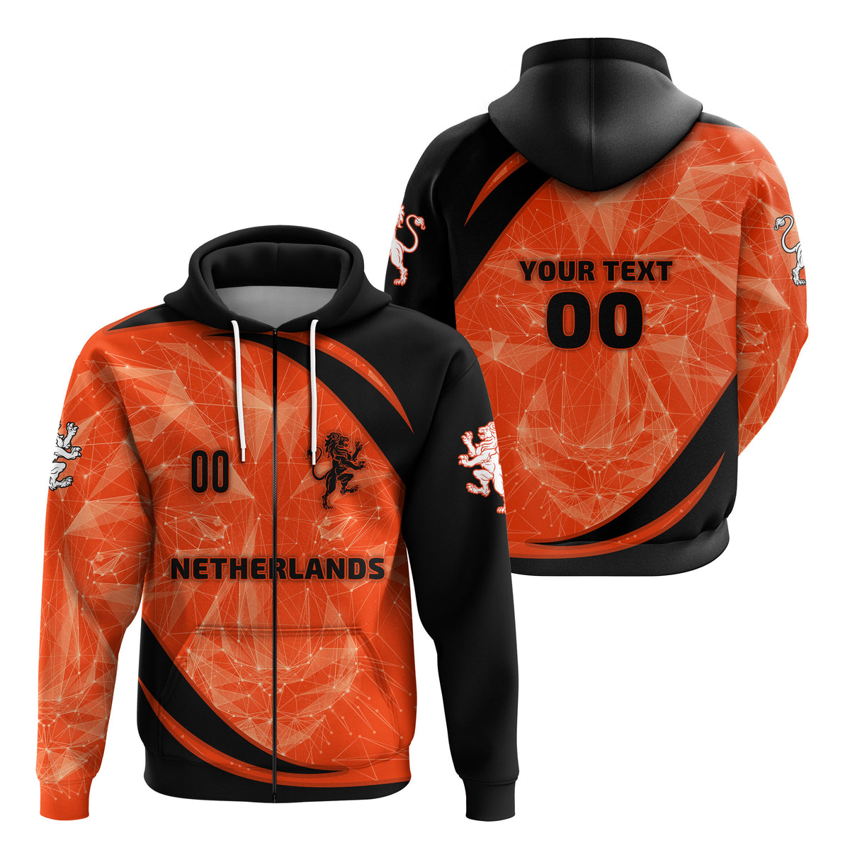 Orange/black zip hoodie with Netherlands graphic, NETHERLANDS text and 00
