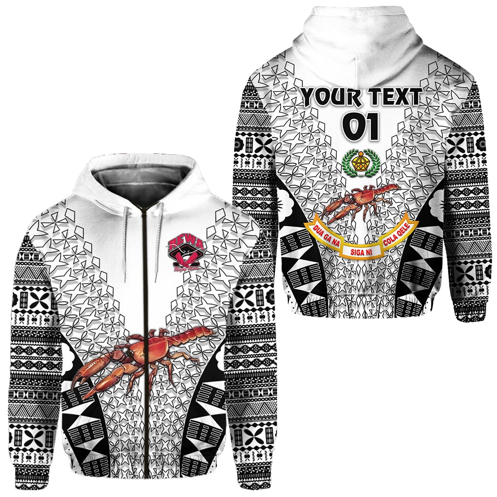 Custom Fiji Rewa Rugby Union Zip Hoodie Tapa Style White, Custom Text And Number LT8 - Wonder Print Shop