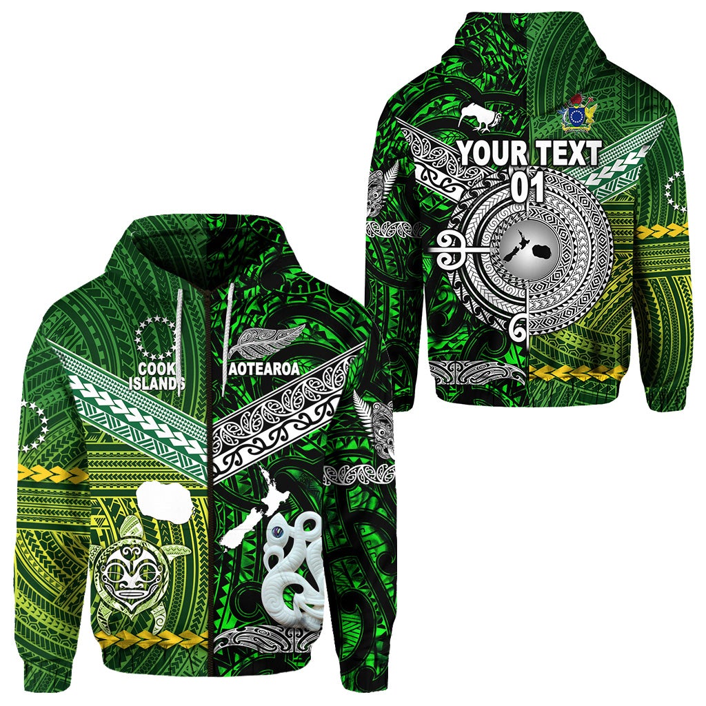 Custom New Zealand Cook Islands Zip Hoodie Together Green, Custom Text And Number LT8 - Wonder Print Shop