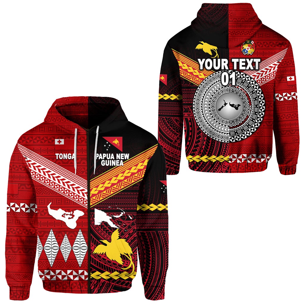 Custom Papua New Guinea And Tonga Zip Hoodie Polynesian Together Red, Custom Text And Number LT8 - Wonder Print Shop