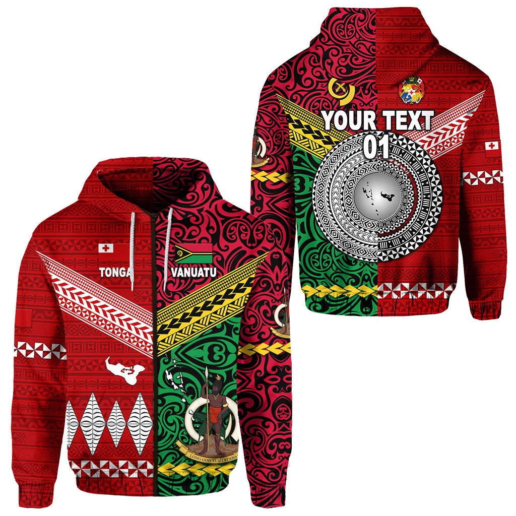 Custom Vanuatu And Tonga Zip Hoodie Polynesian Together Bright Red, Custom Text And Number LT8 - Wonder Print Shop