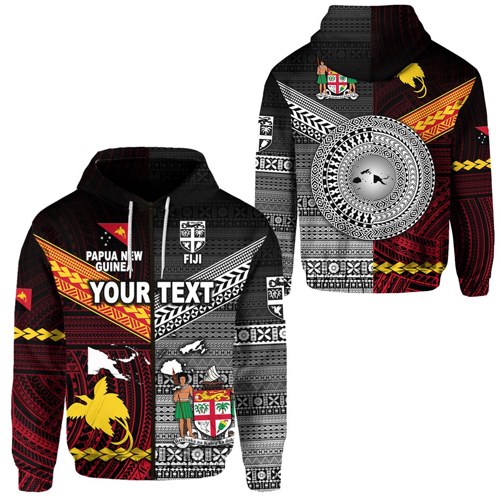 Custom Papua New Guinea Polynesian And Fiji Tapa Zip Hoodie Together Black LT8 - Wonder Print Shop